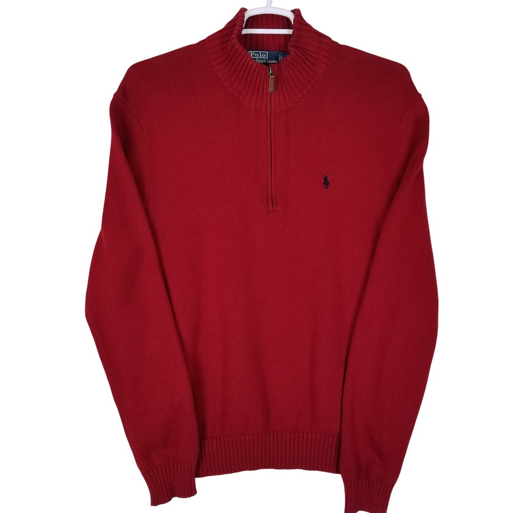 Polo Ralph Lauren Mens Red 100% Cotton‎ Quarter Zip Pullover Sweater Large